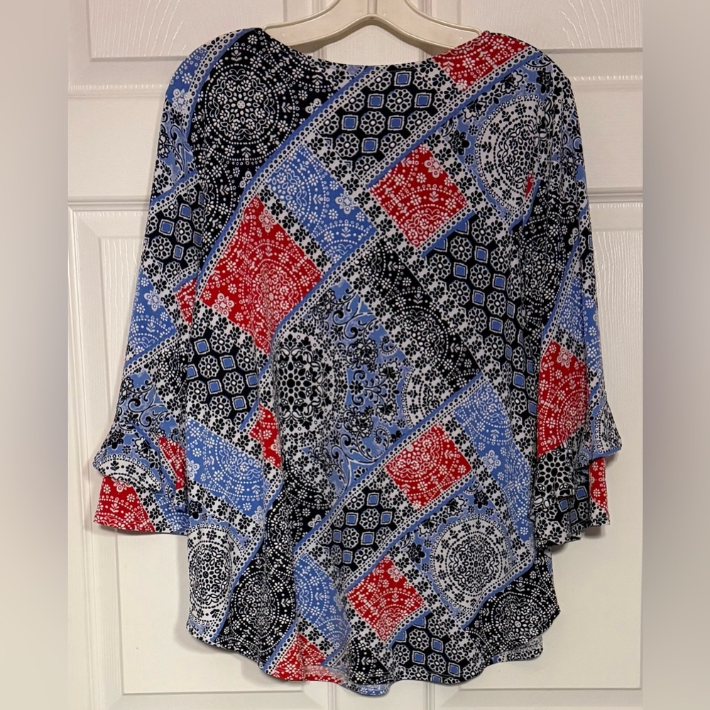 Ruby Rd. Red White Blue Patchwork Double Ruffle Sleeve Textured Top M - Picture 3 of 11